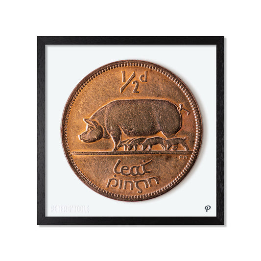 Half Penny/Leath Phingin Sow & Piglets Coin Print (Framed)